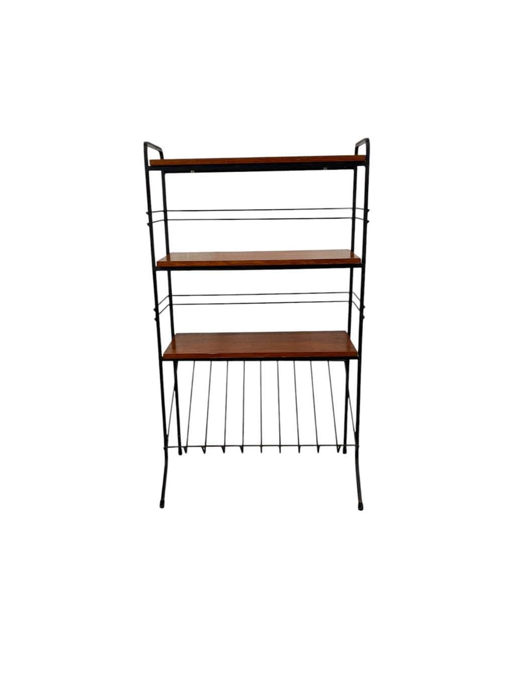 Vintage black shelf/coat rack with wooden accents.