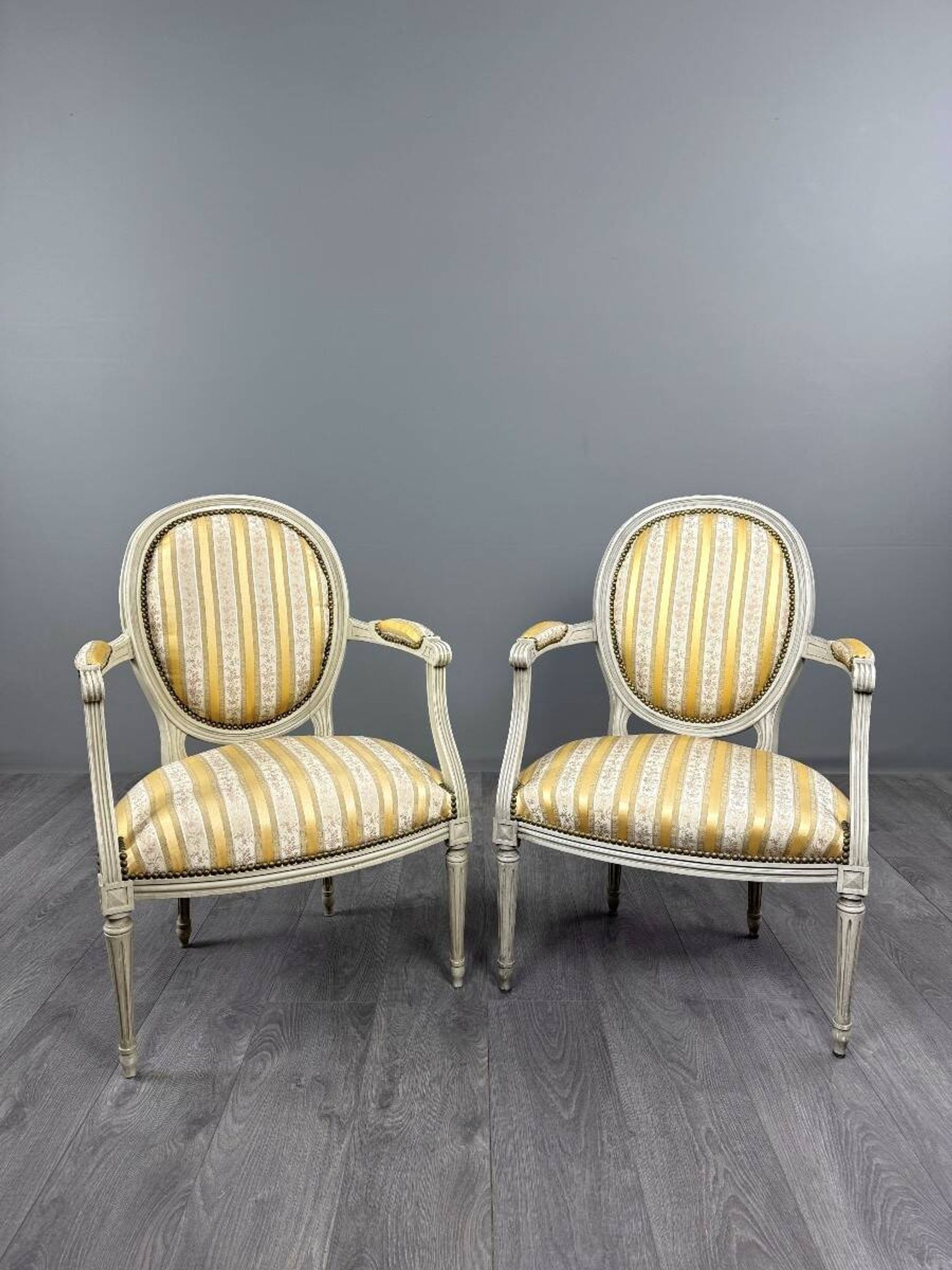 Pair of Medallion Armchairs in Louis XVI Style with Footrests, 20th Century