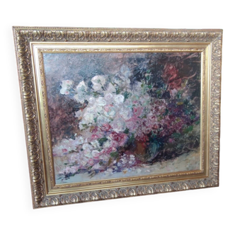 Ancienne Peinture À L Huile Sur Bois/Bouquet De Fleurs/Nature Morte