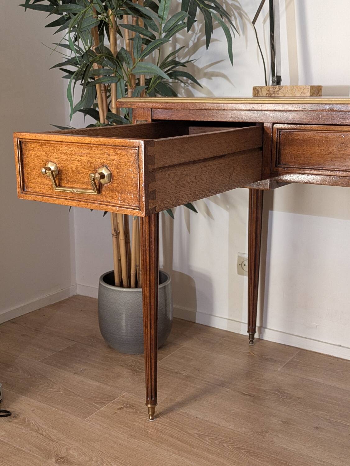 Antique Louis XVI style vintage desk, leather, brass, cherry wood