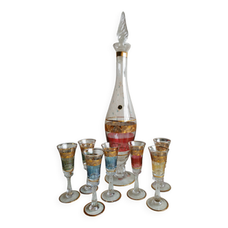 Service à liqueur verres et carafe colorés et dorés
