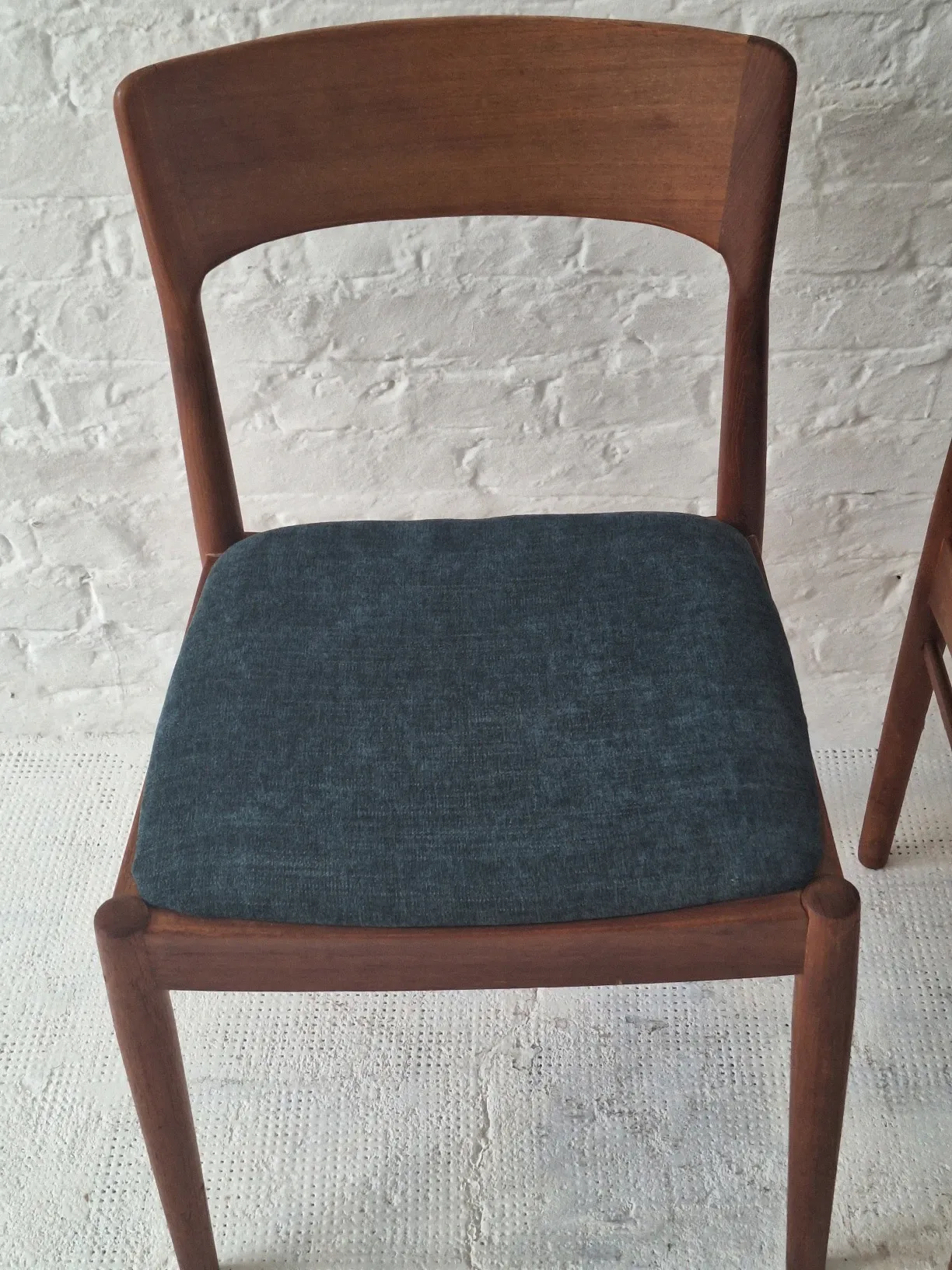 Pair of Henning Kjaernulf teak dining chairs sea blue-green, Denmark 1960s