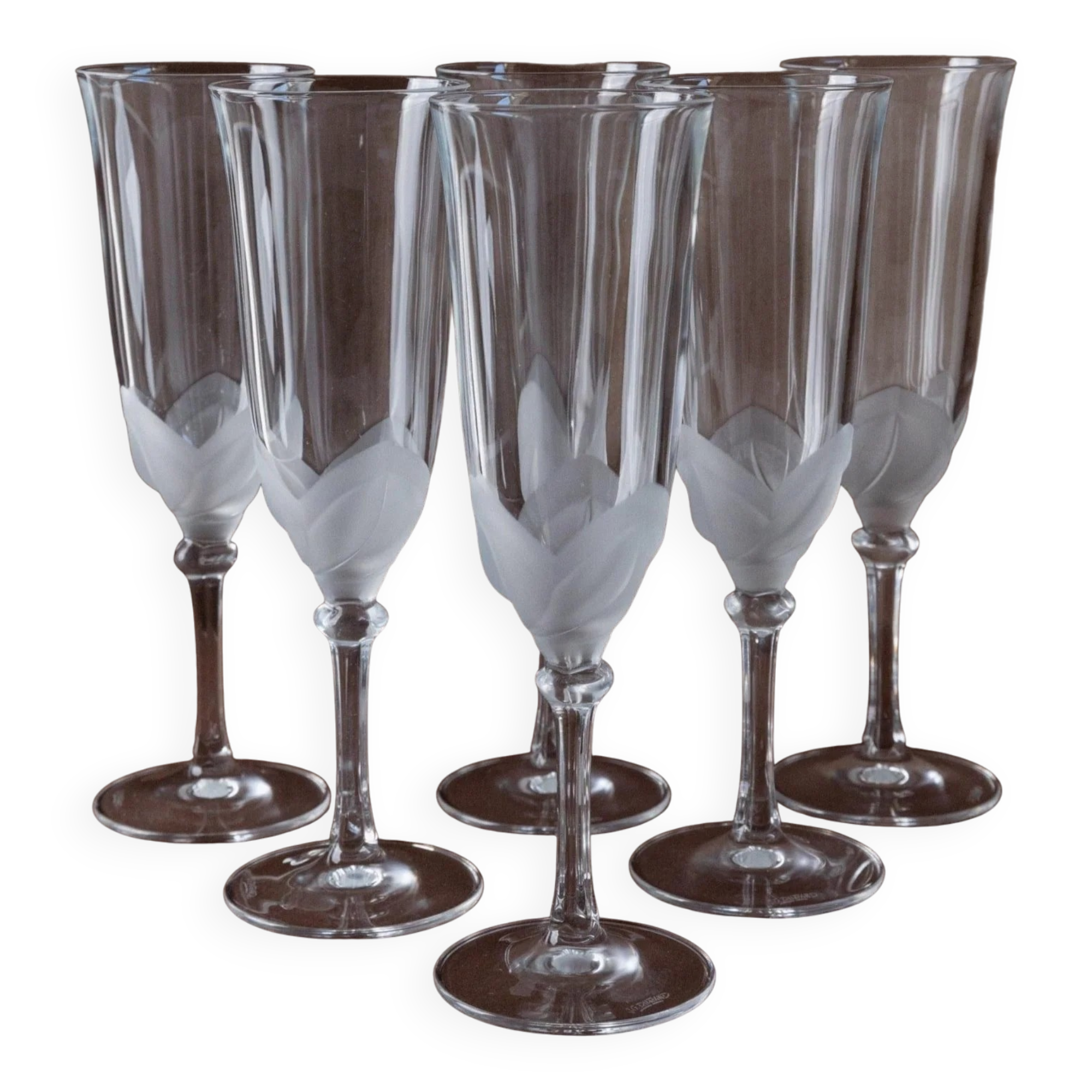 Six flûtes à champagne en verre cristal transparent avec détail floral mat – Vintage Durand France années 1970