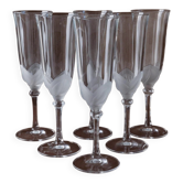 Six flûtes à champagne en verre cristal transparent avec détail floral mat – Vintage Durand France années 1970