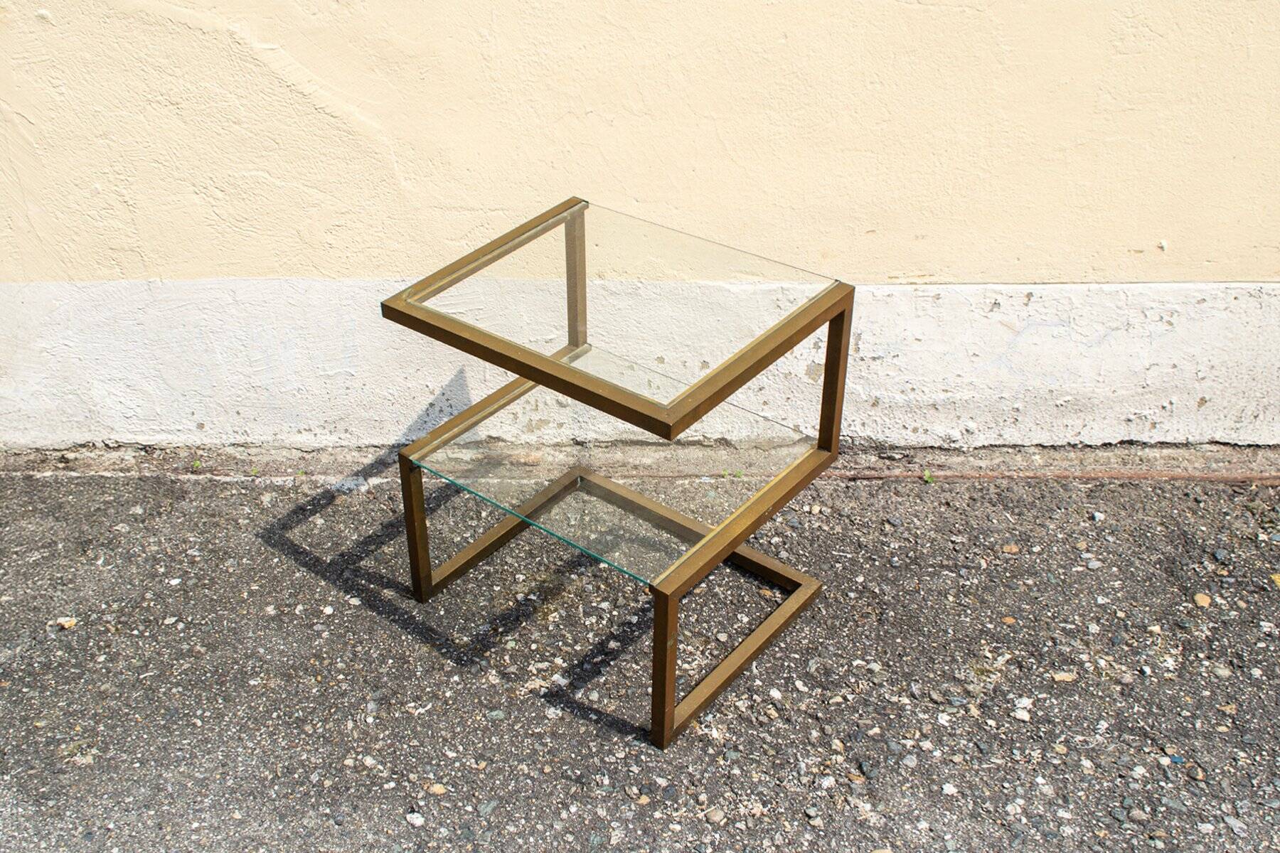 Brass coffee table with double glass shelf, 1970s
