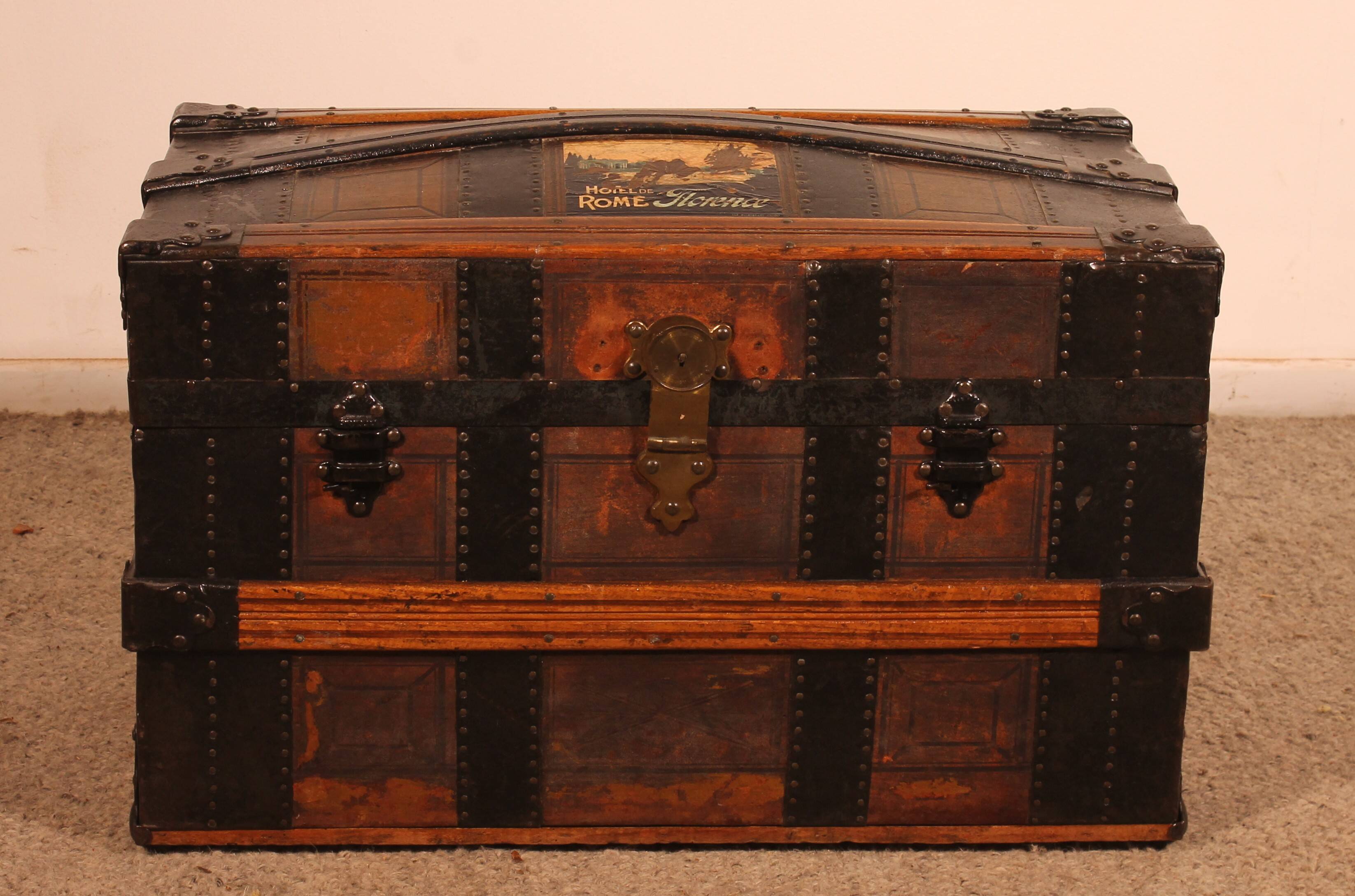 travel trunk from the early 20th century made of leather and wood