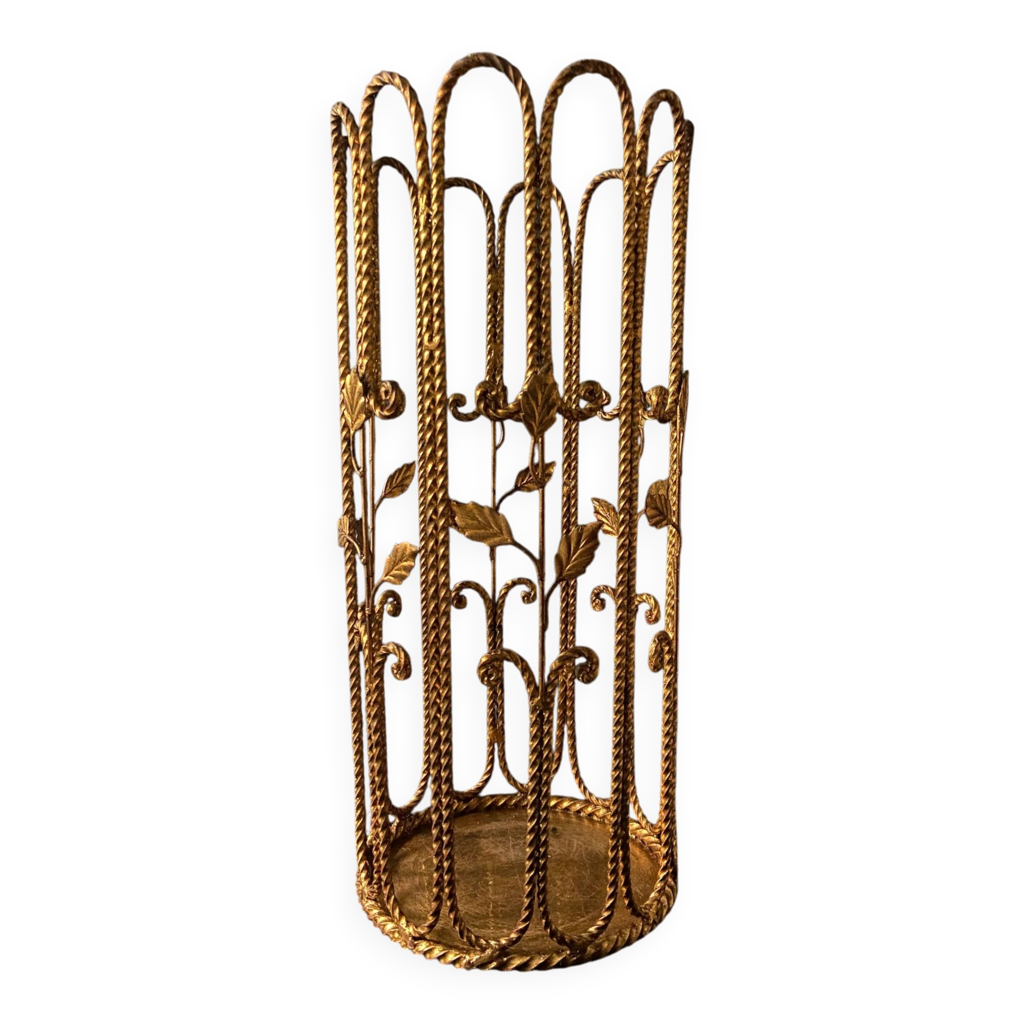 1960s brass rope umbrella stand with leaves