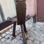 Vintage brutalist tripod chair in carved wood with wooden screw assembly XI.