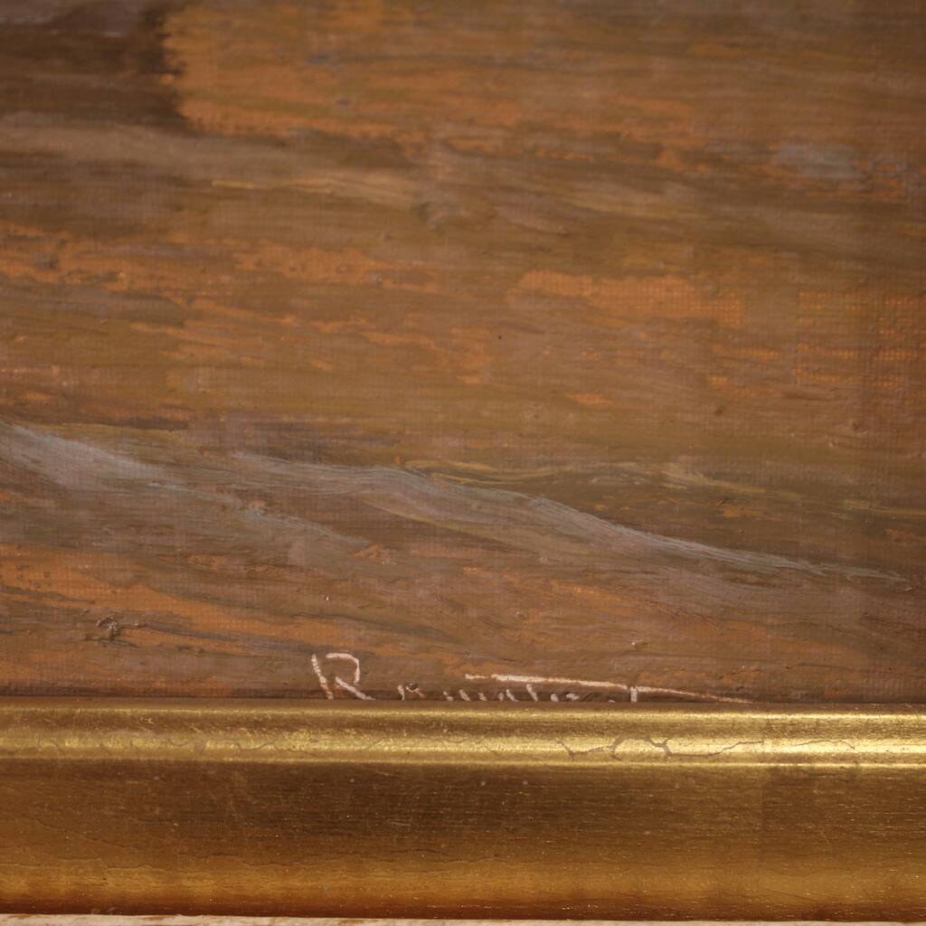 Seascape painting signed by Remo Testa, fishermen at sunset