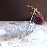 Glass salt and pepper shaker set with vintage serving spoon