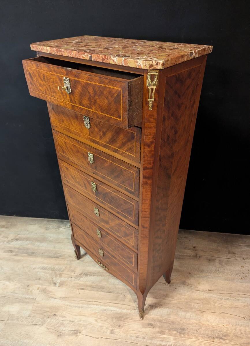 Louis XV chest of drawers in marquetry, with a marble top.