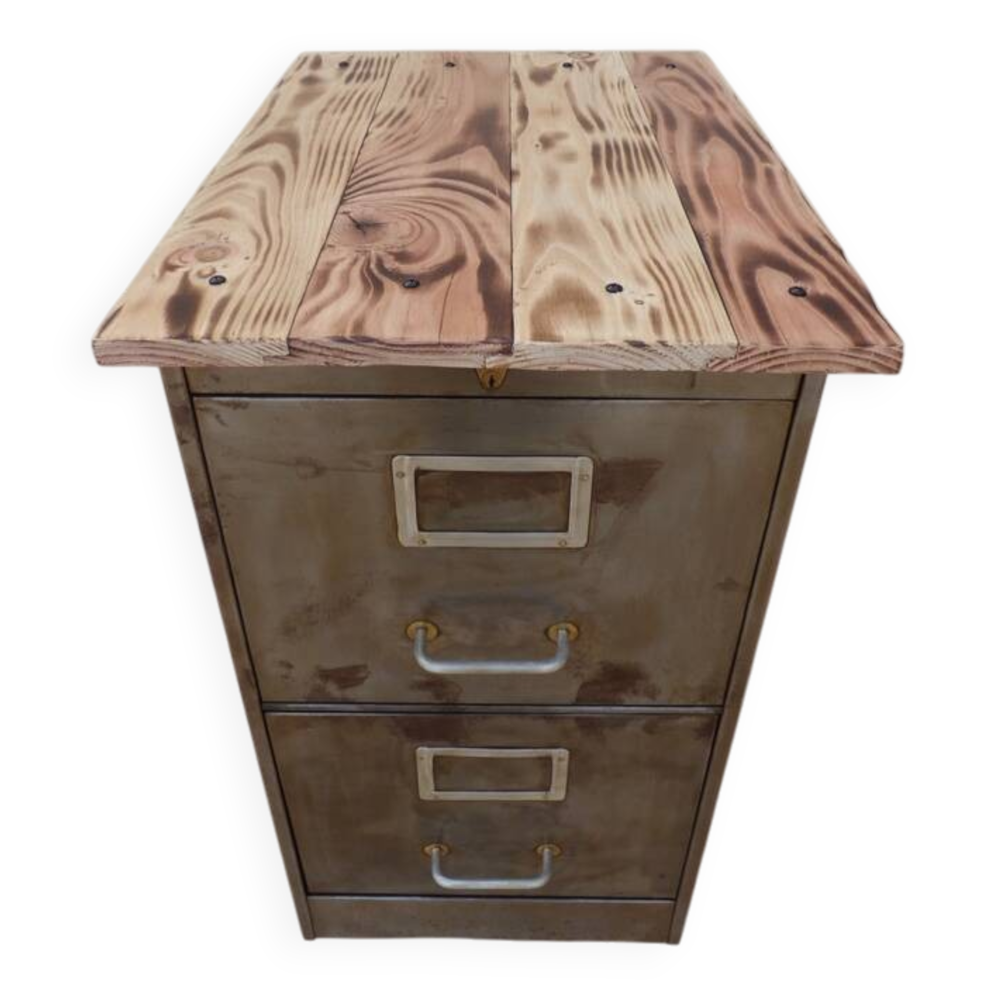 Old industrial furniture in rusty effect metal with two drawers on casters