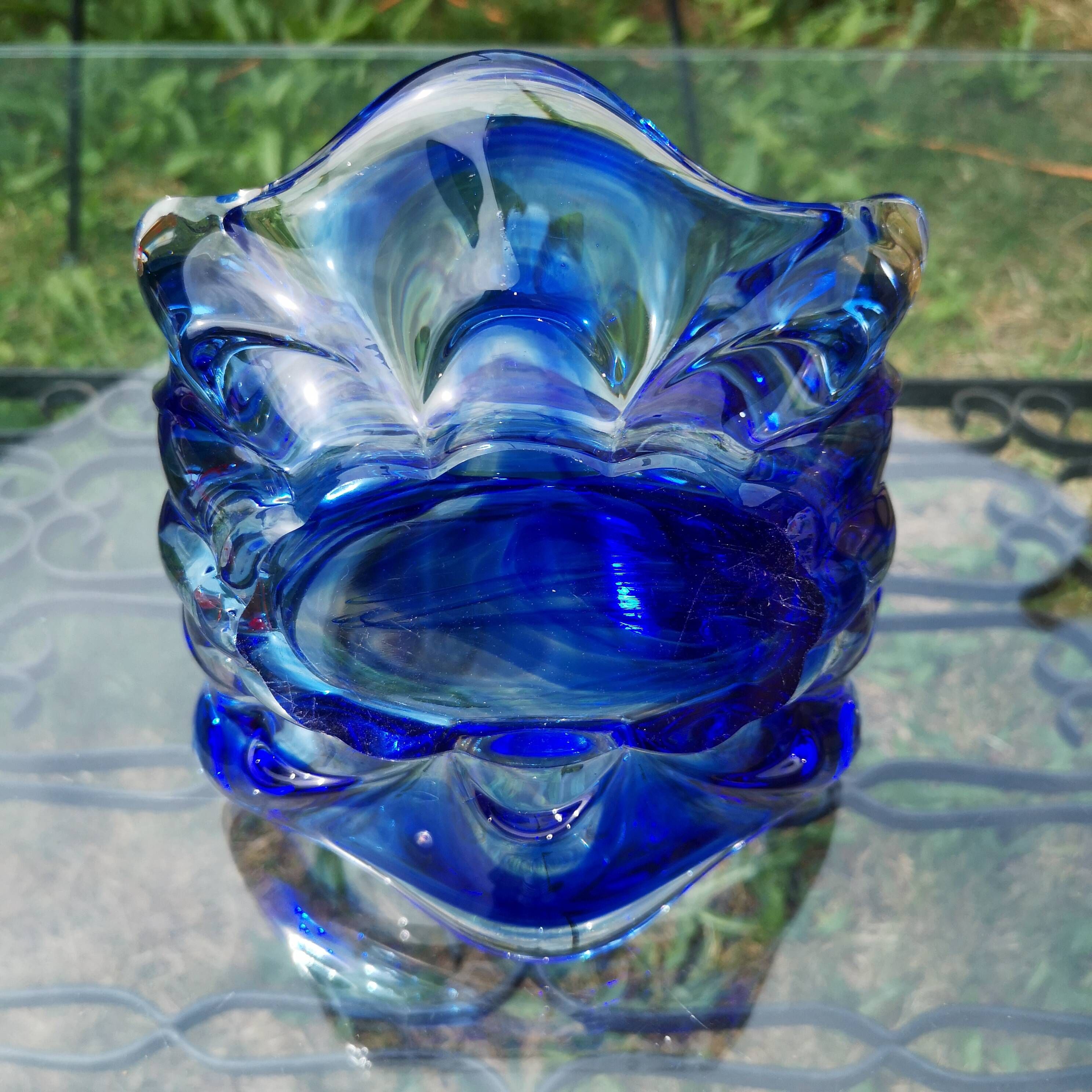 Murano Blown Glass Pocket or Basket - Cobalt Blue and White