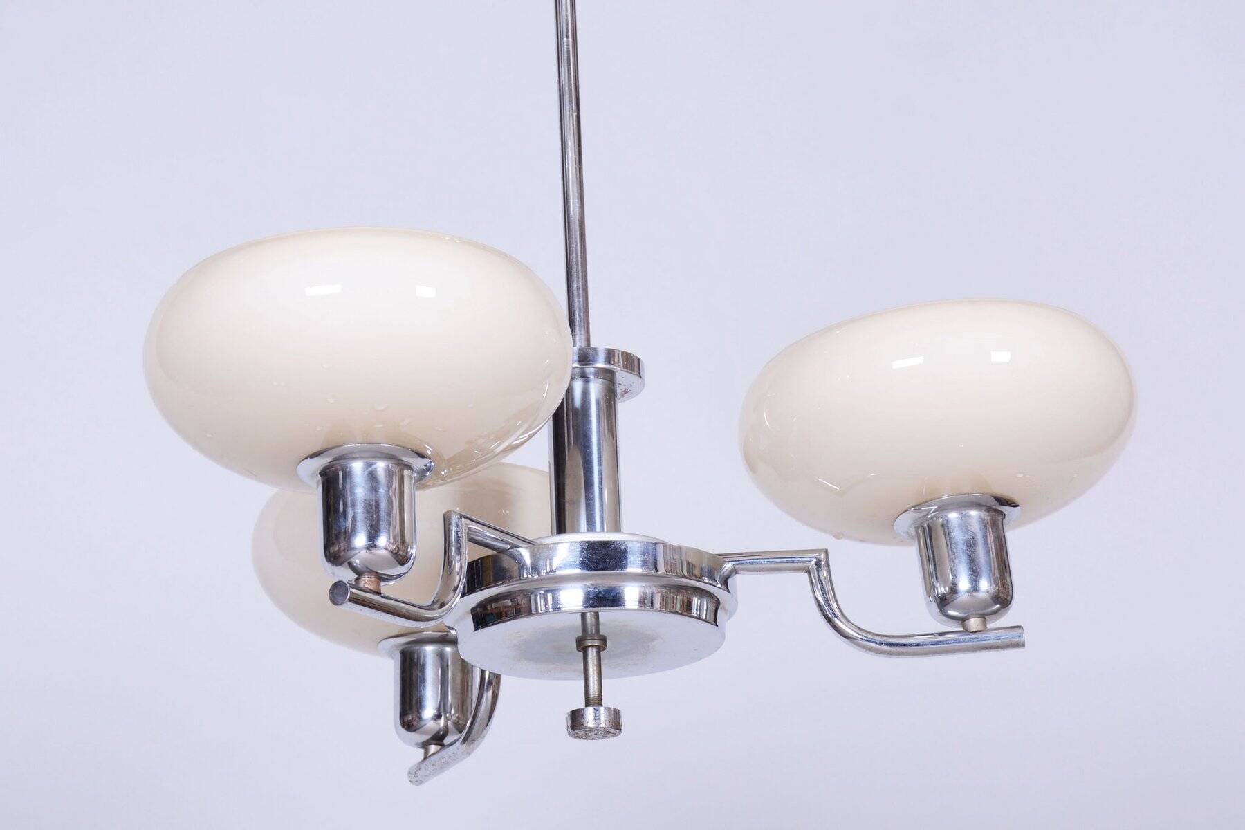 Bauhaus Chandelier in Chrome-Plated Steel and Opaline Glass, Czech, 1930s
