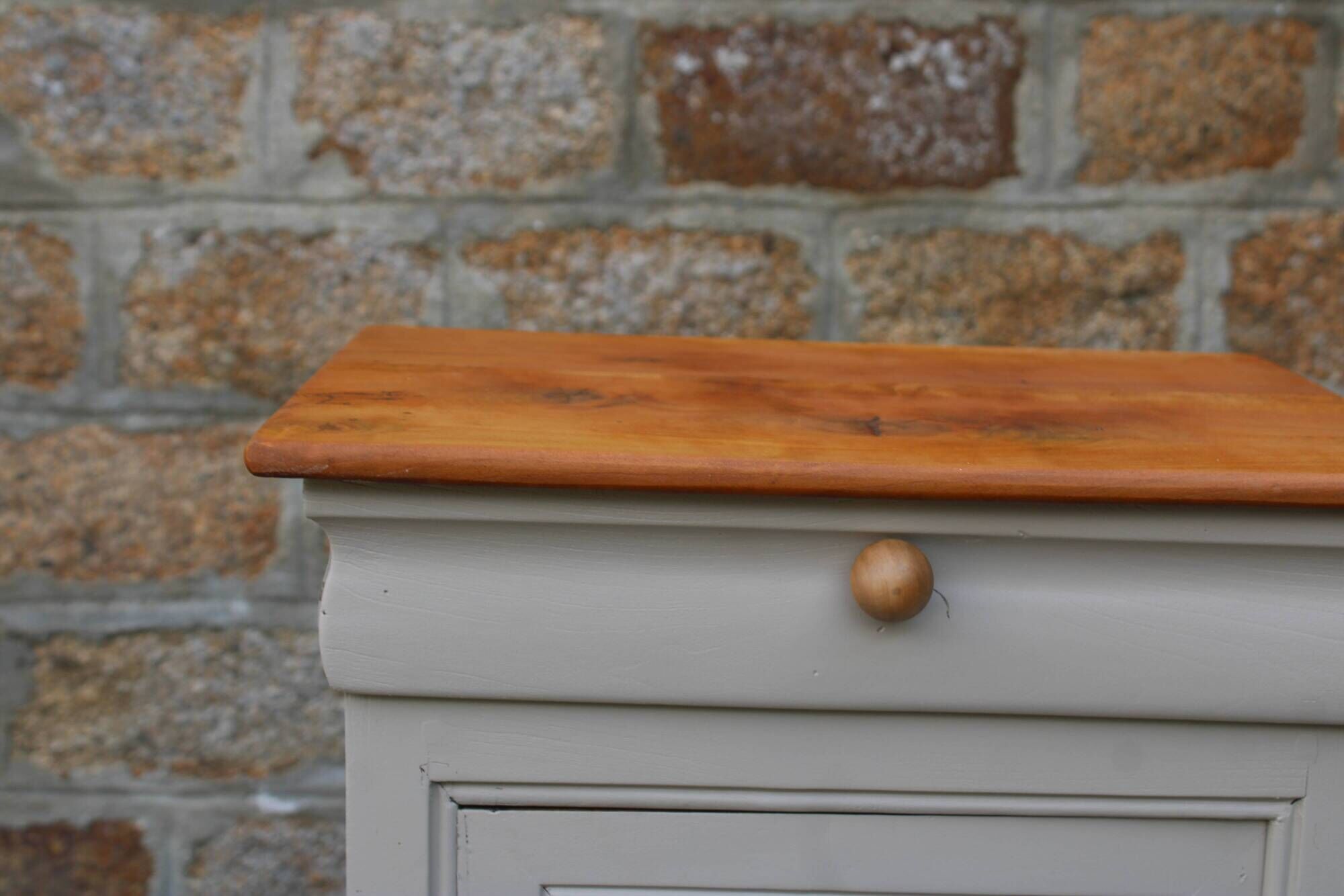 Renovated antique bedside table – Greige Galuchat, wooden top – houseboat style