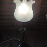 Lampe bougeoir laiton tulipe verre dépoli bleuté