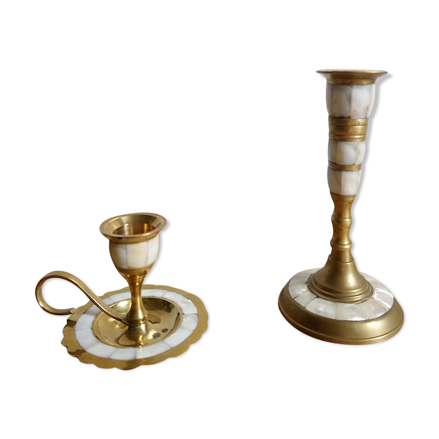 Brass and mother-of-pearl bougeoirs