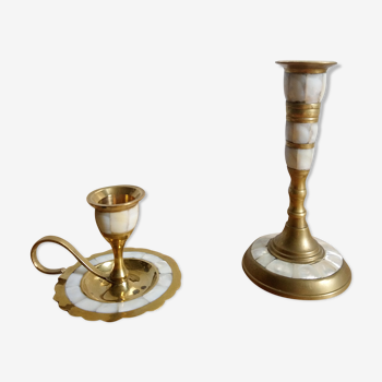 Brass and mother-of-pearl bougeoirs