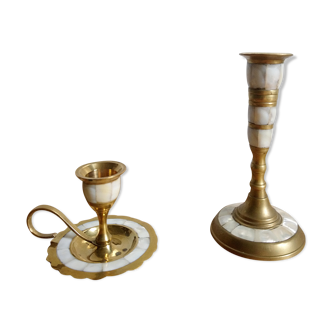 Brass and mother-of-pearl bougeoirs