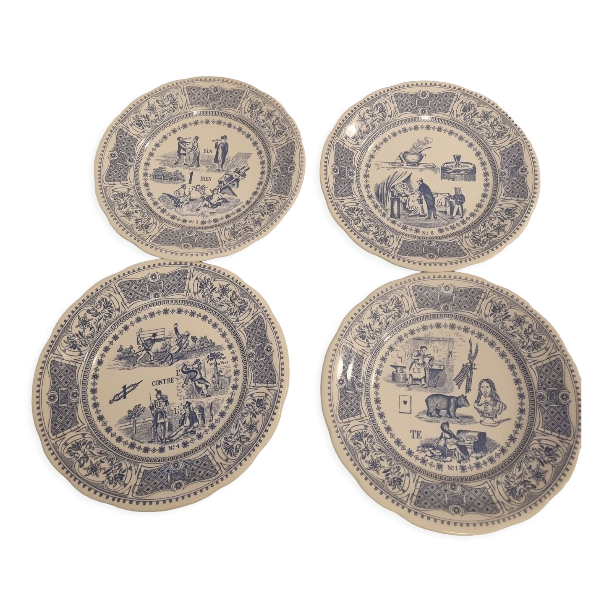 4 old plates talking rebus by factory of Gien