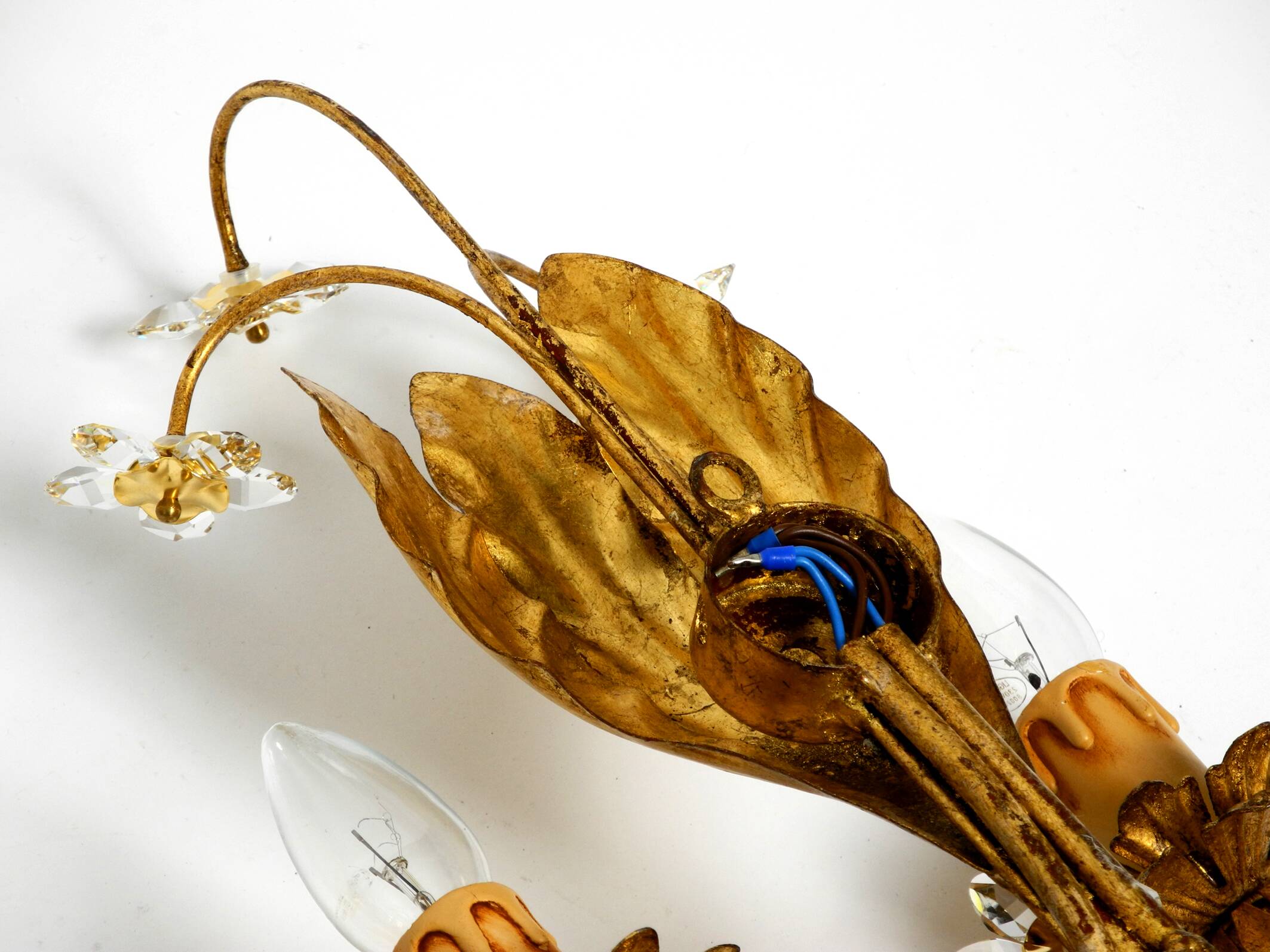 Pair of gold plated Italian 1980's floral Regency Murano glass sconces