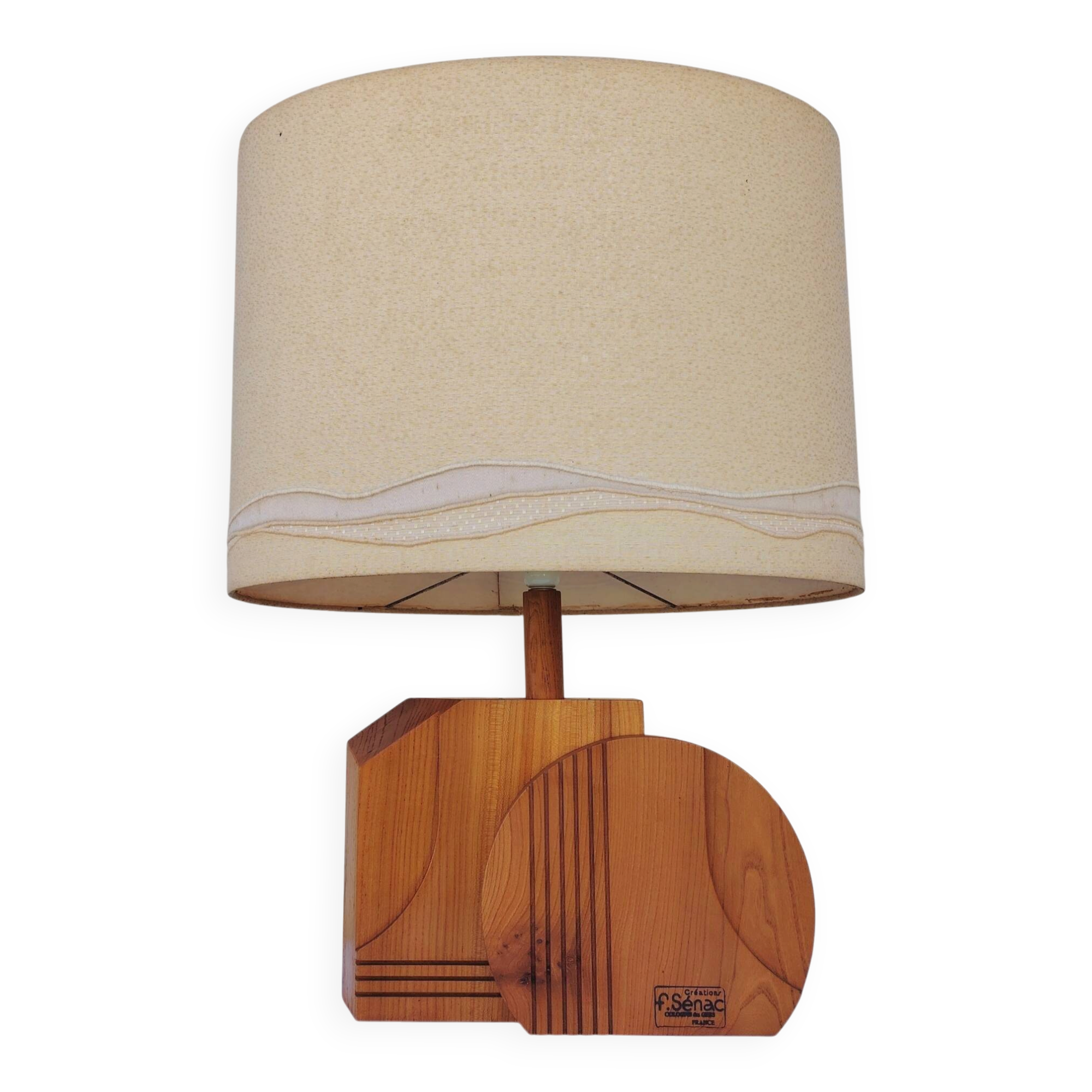 Large wooden lamp, geometric, 1970s design, F. Sénac
