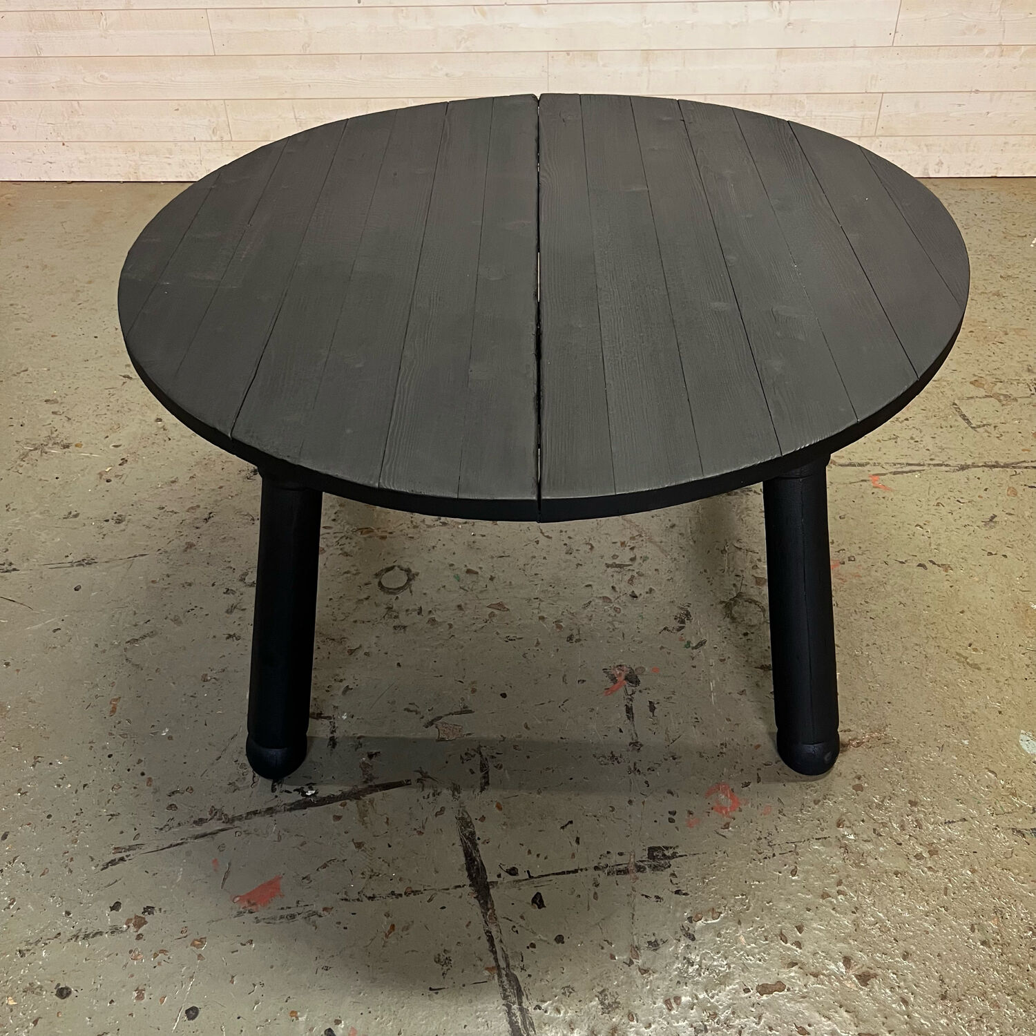 Brutalist round table in burnt wood yakisugi