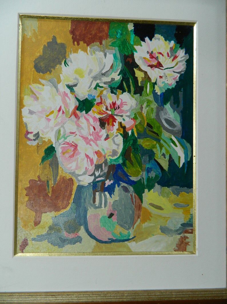 Framed floral oil painting, peony vase