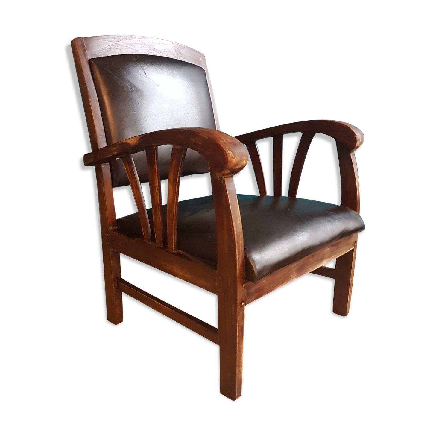 Fauteuil bois et cuir style colonial