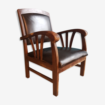 Fauteuil bois et cuir style colonial