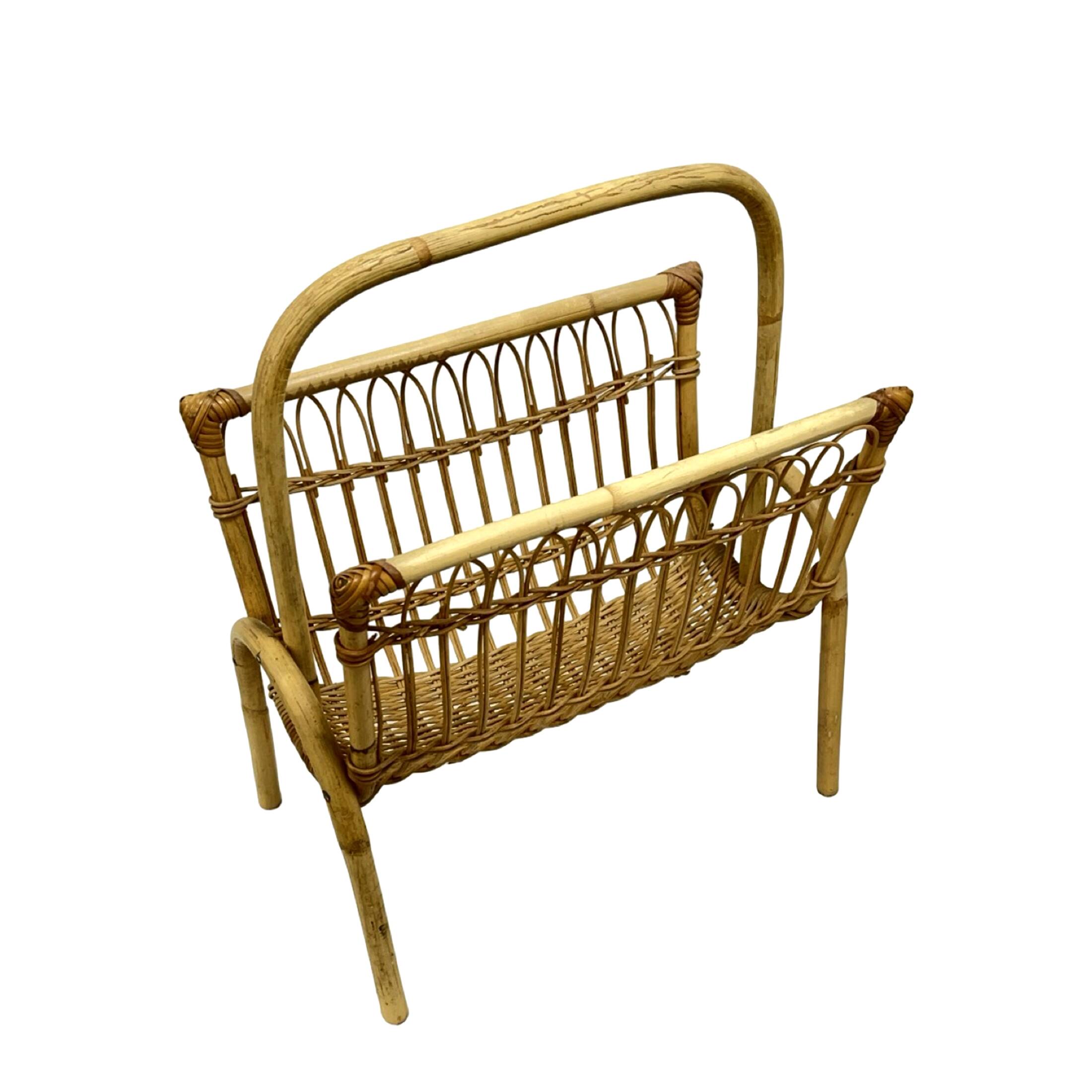 Vintage Wicker Newspaper Rack, Boho/PRL, Franco Albini Style, Italy 1970s