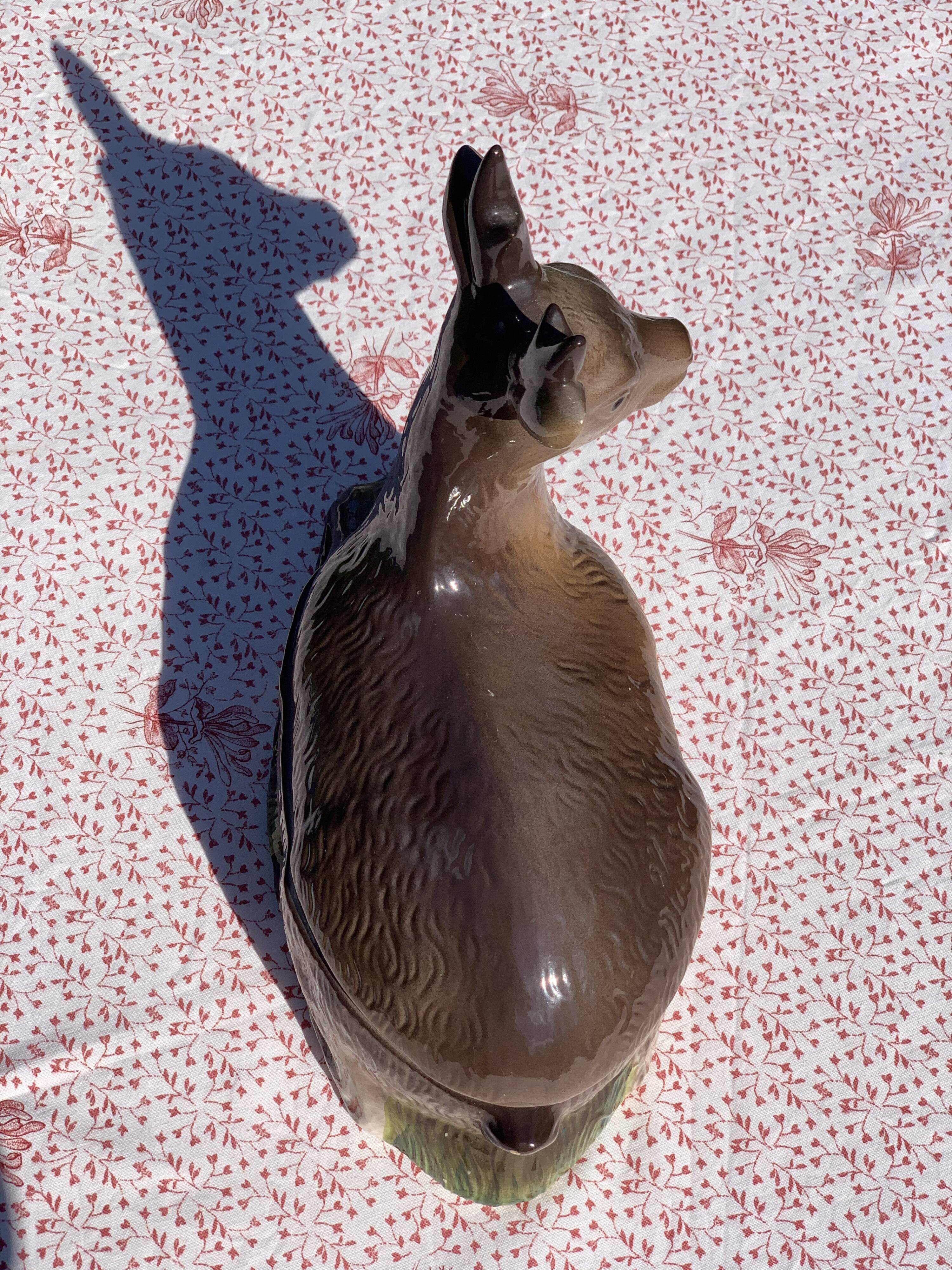 Ancient zoomorphic terrine in the shape of a deer, enamelled earthenware, Caugant