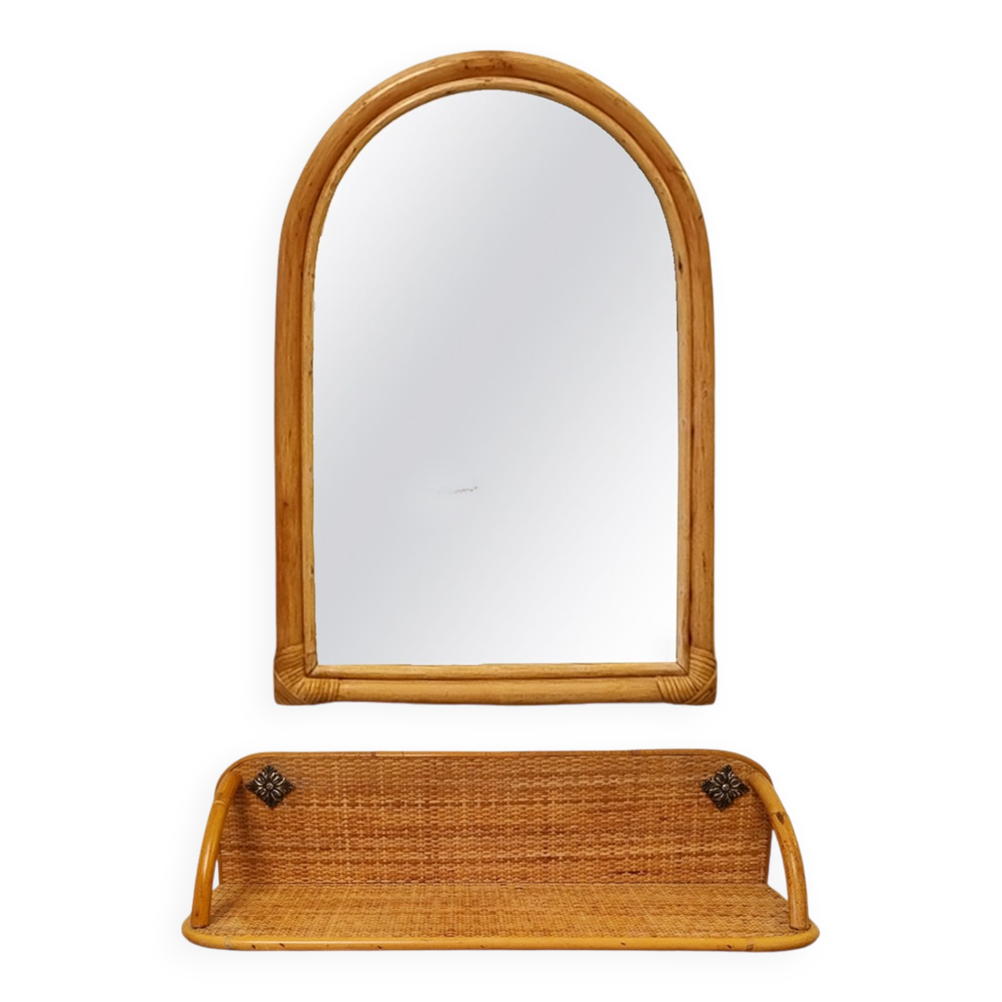 1960s Gorgeous Bamboo and Rattan Mirror and Console. Made in Italy