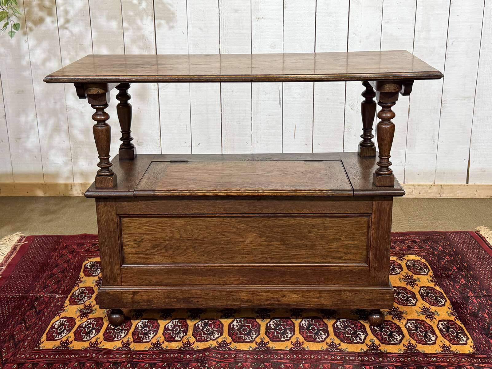 English oak bank safe from the 1930s that can serve as a console.