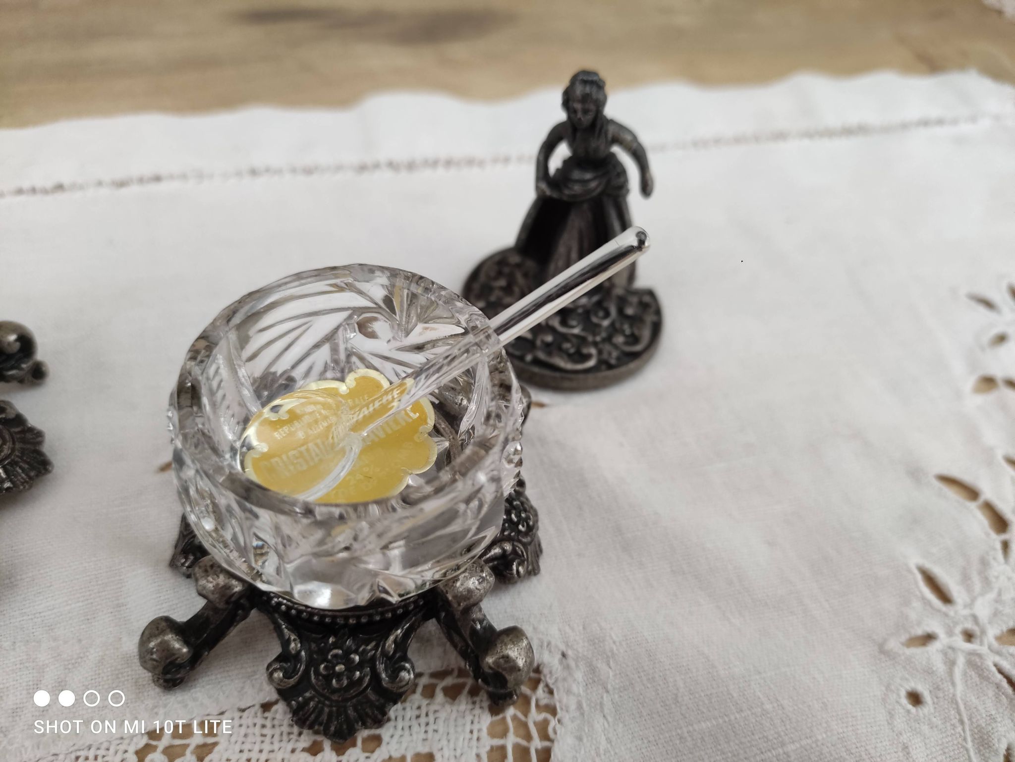 Trio of salters and mustard makers made of Bavarian crystal and bronze