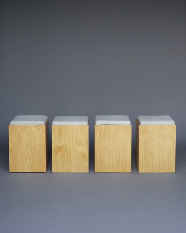 Vintage plywood stools with gray cushions, 1990s, set of 4
