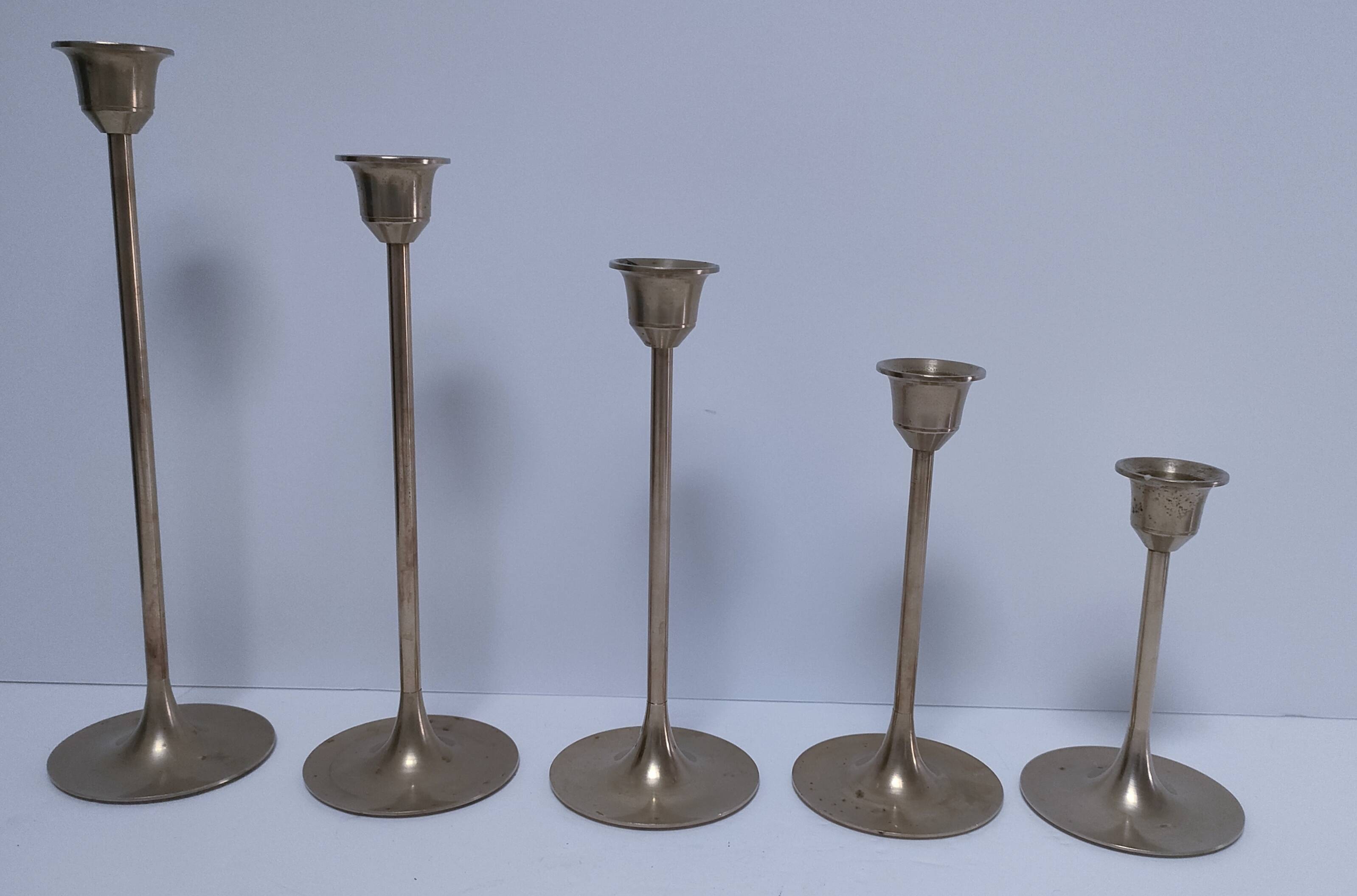 Five vintage Scandinavian design brass candlesticks