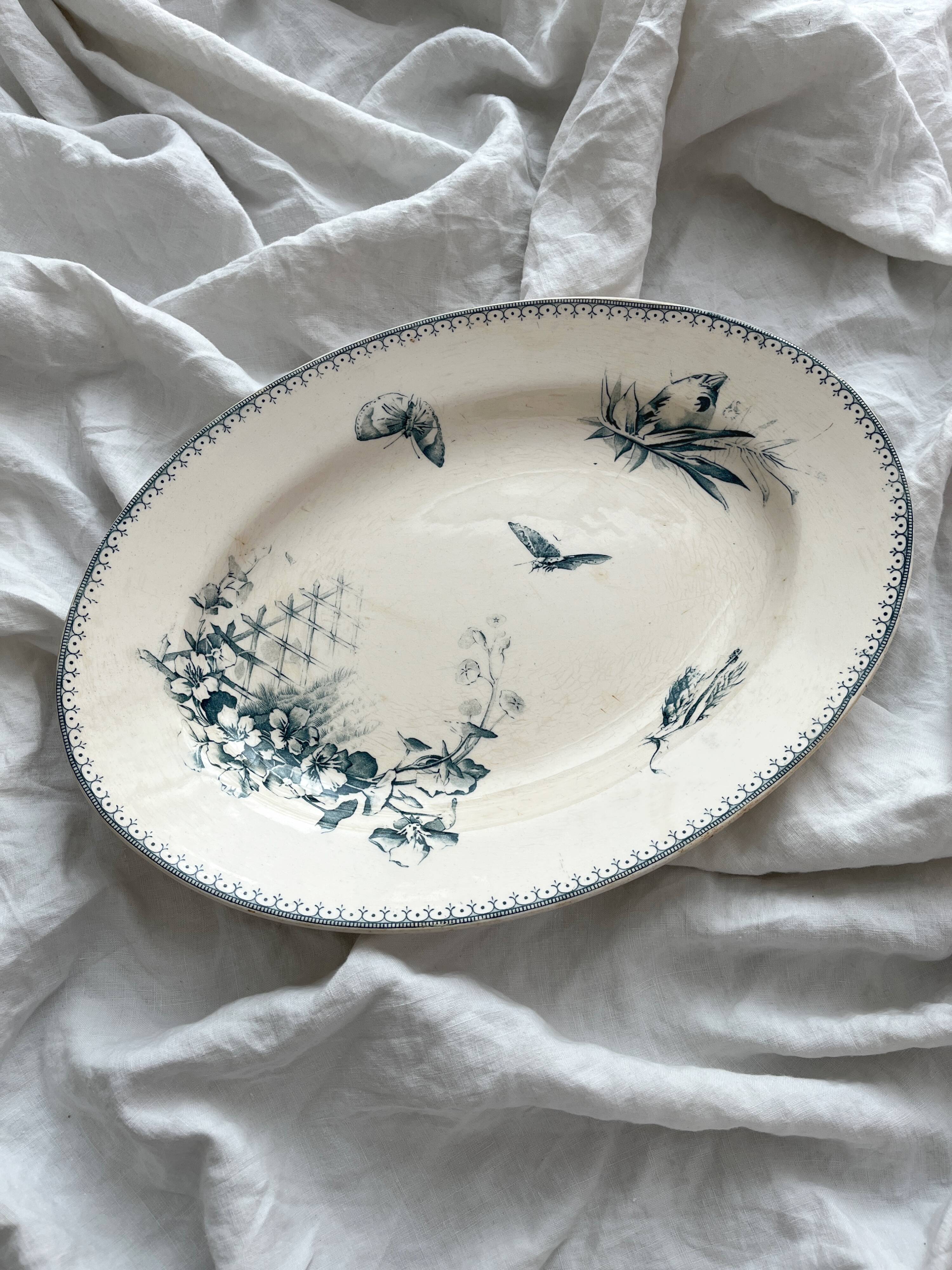 Plat ovale terre de fer fleurs oiseaux "Malaga" Petrus Regout
