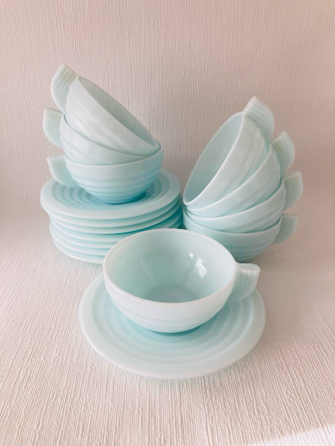 8 Art Deco Opaline Glass Coffee Cups and Saucers "The Economy"