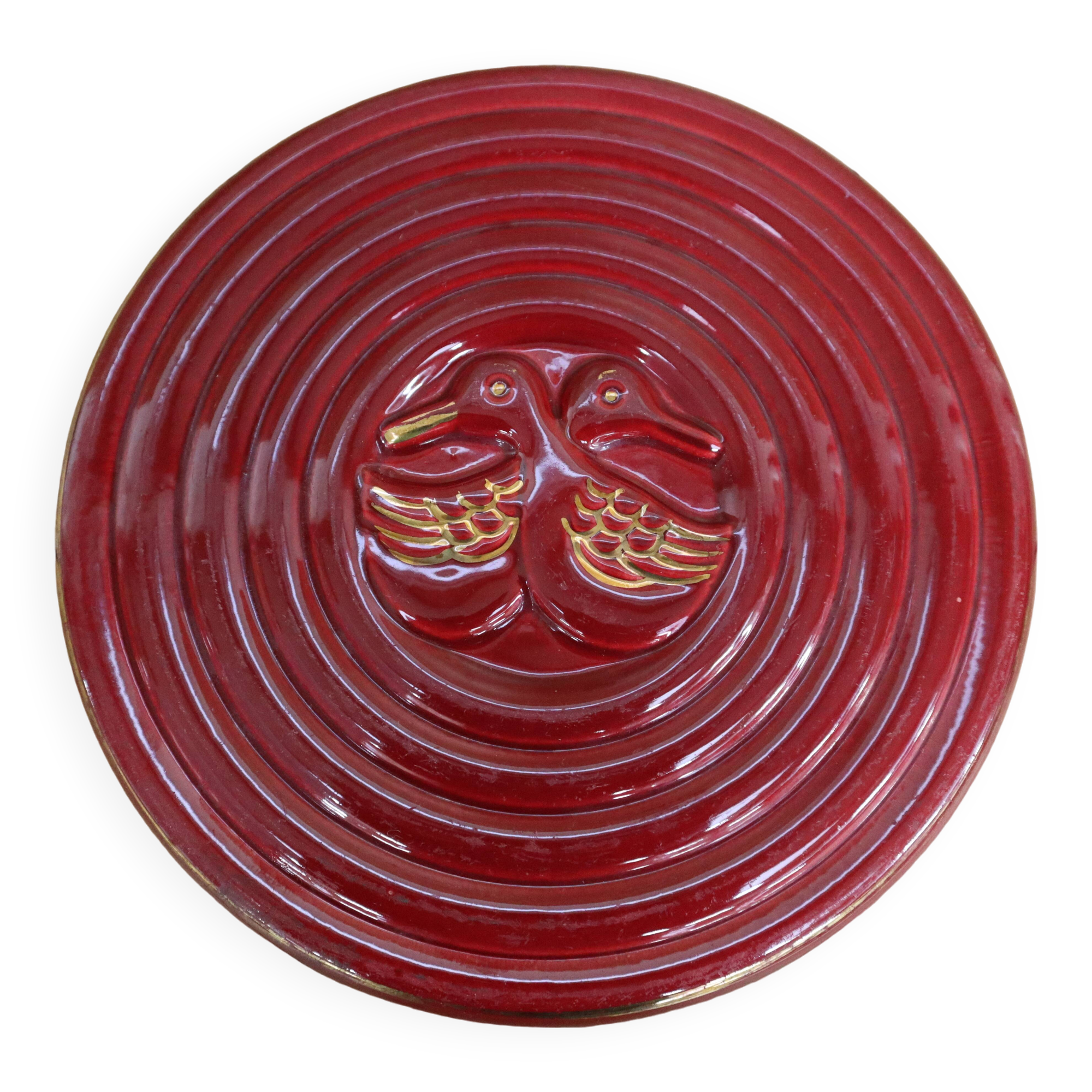 Vintage burgundy duck trivet with gold edging
