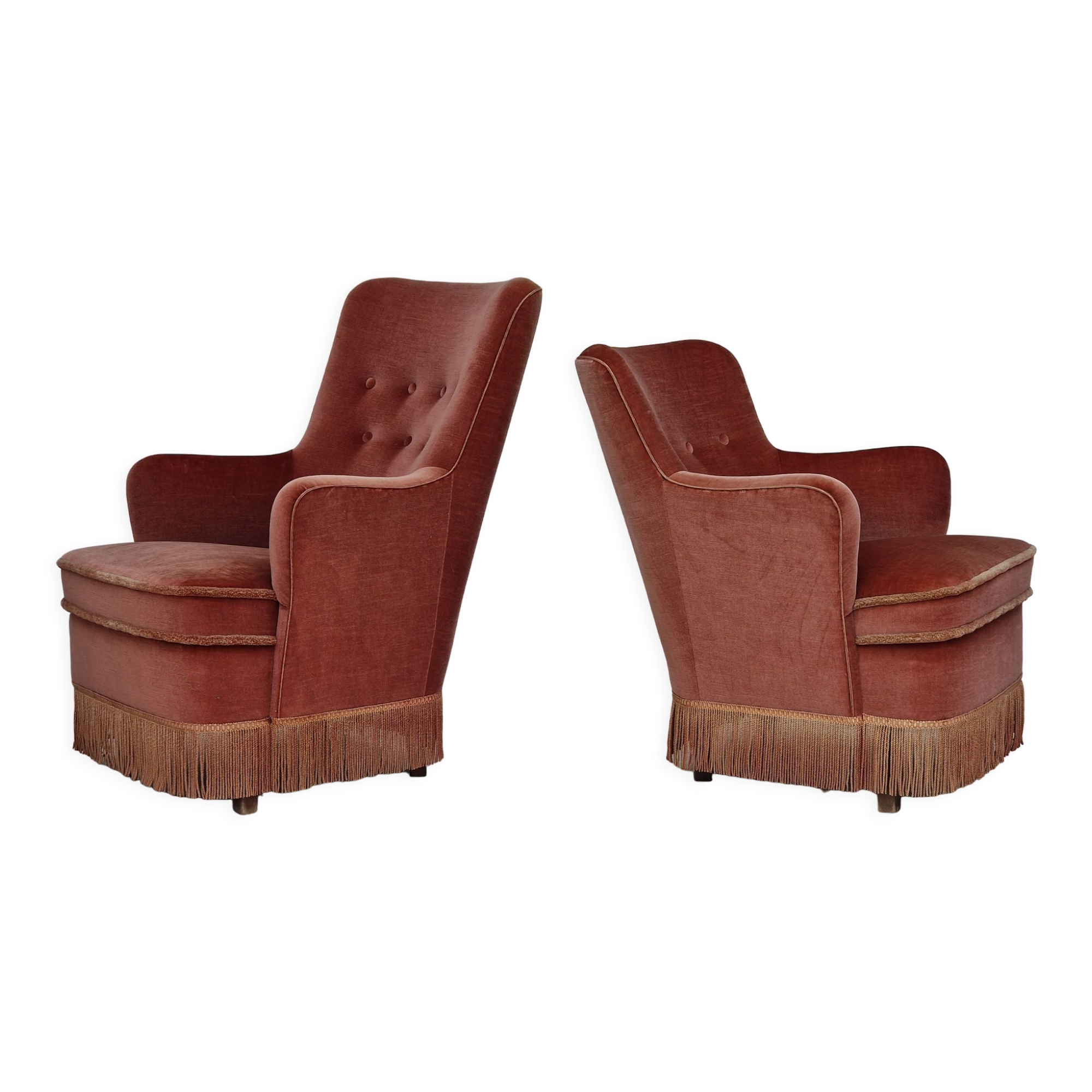 1970s, Danish set of two velour armchairs, original condition, beech wood.