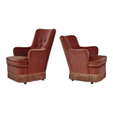 1970s, Danish set of two velour armchairs, original condition, beech wood.