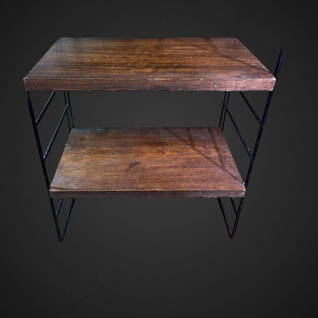 60's string wall shelf black lacquered metal oak, vintage