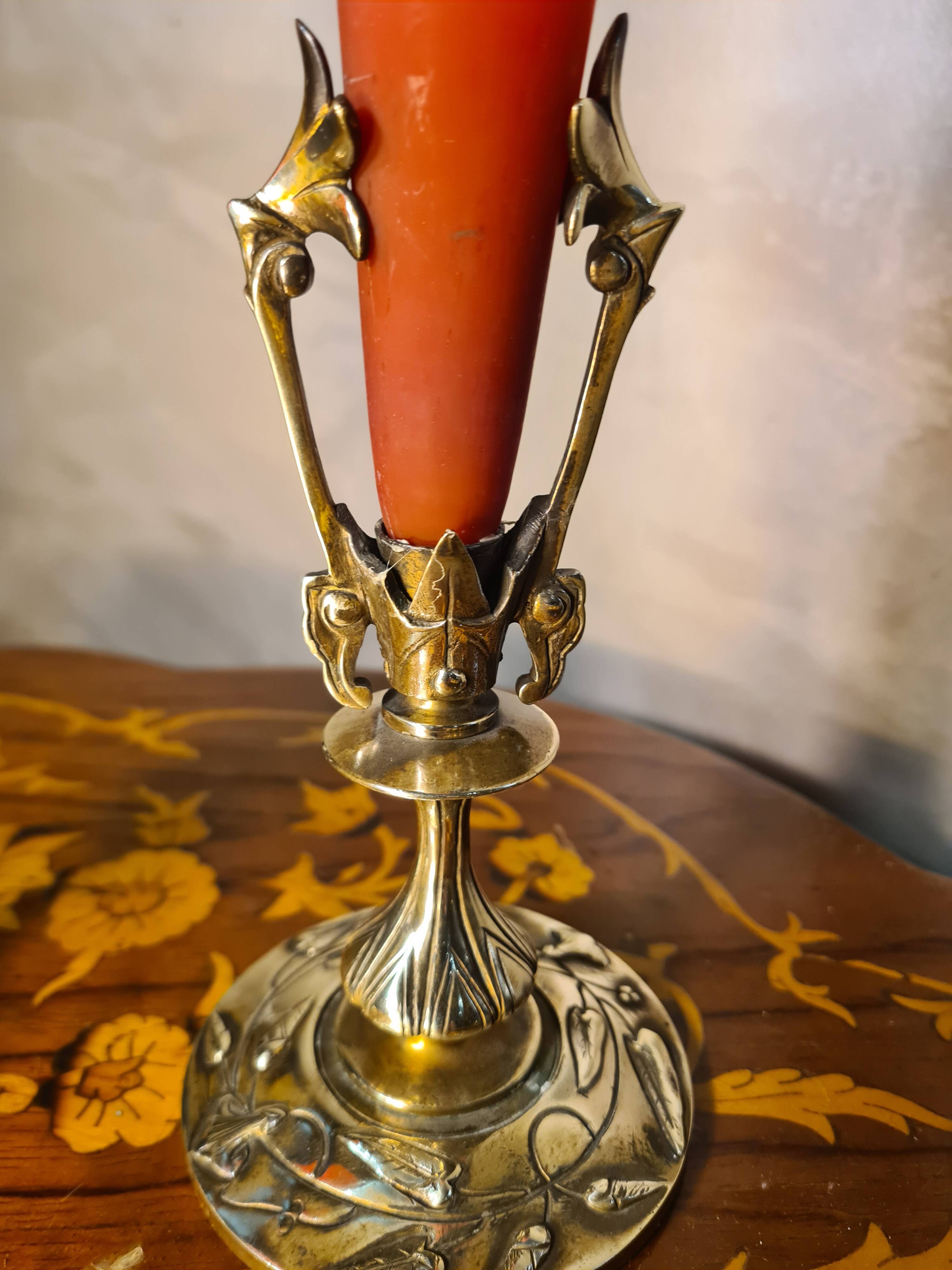 pair of bronze and glass paste Art Nouveau vases, bouquet holder, soliflore cone