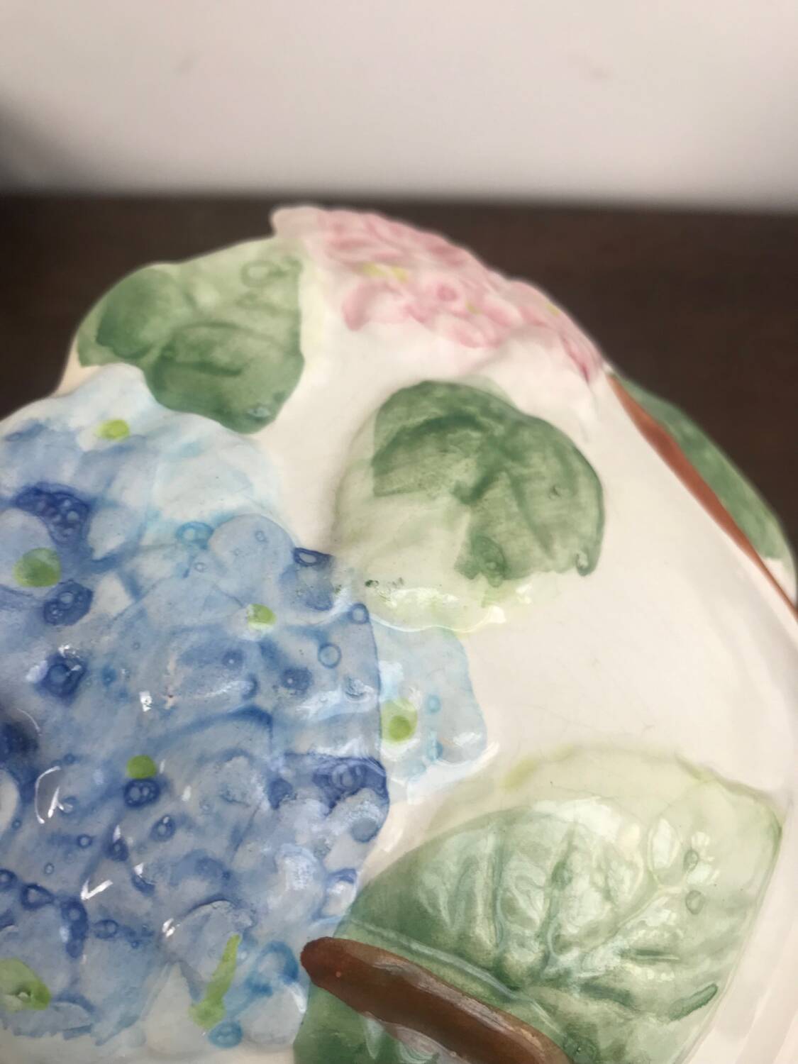 Vintage slip pot with hydrangea pattern