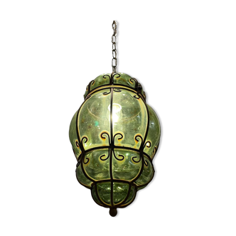 Italian Green Wrought Iron Murano Pendant Light