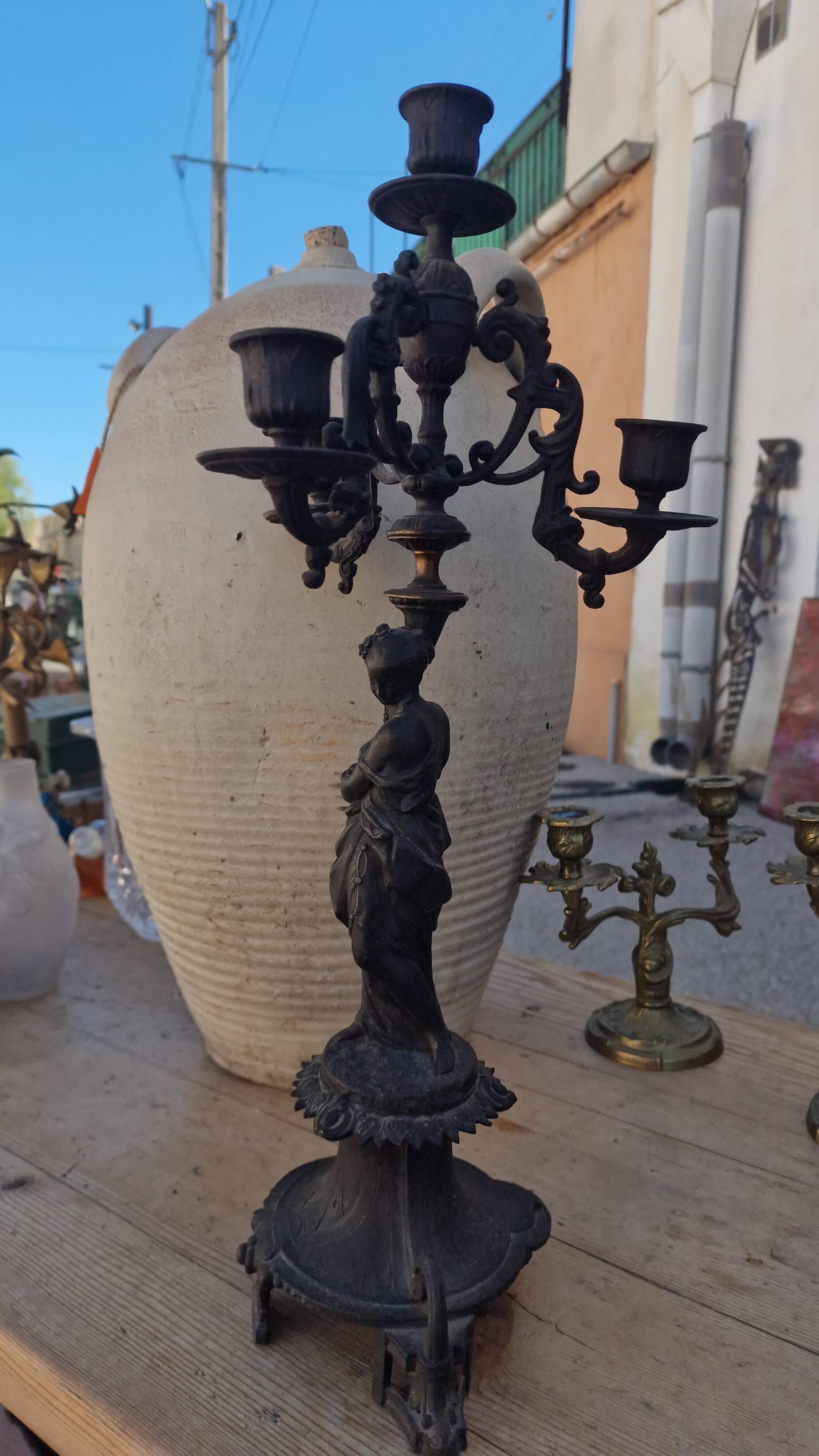 Large antique candelabra in black patinated babbitt – 19th century
