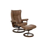 Brown Stressless Leather Wing Lounge Chair with Stool, Set of 2