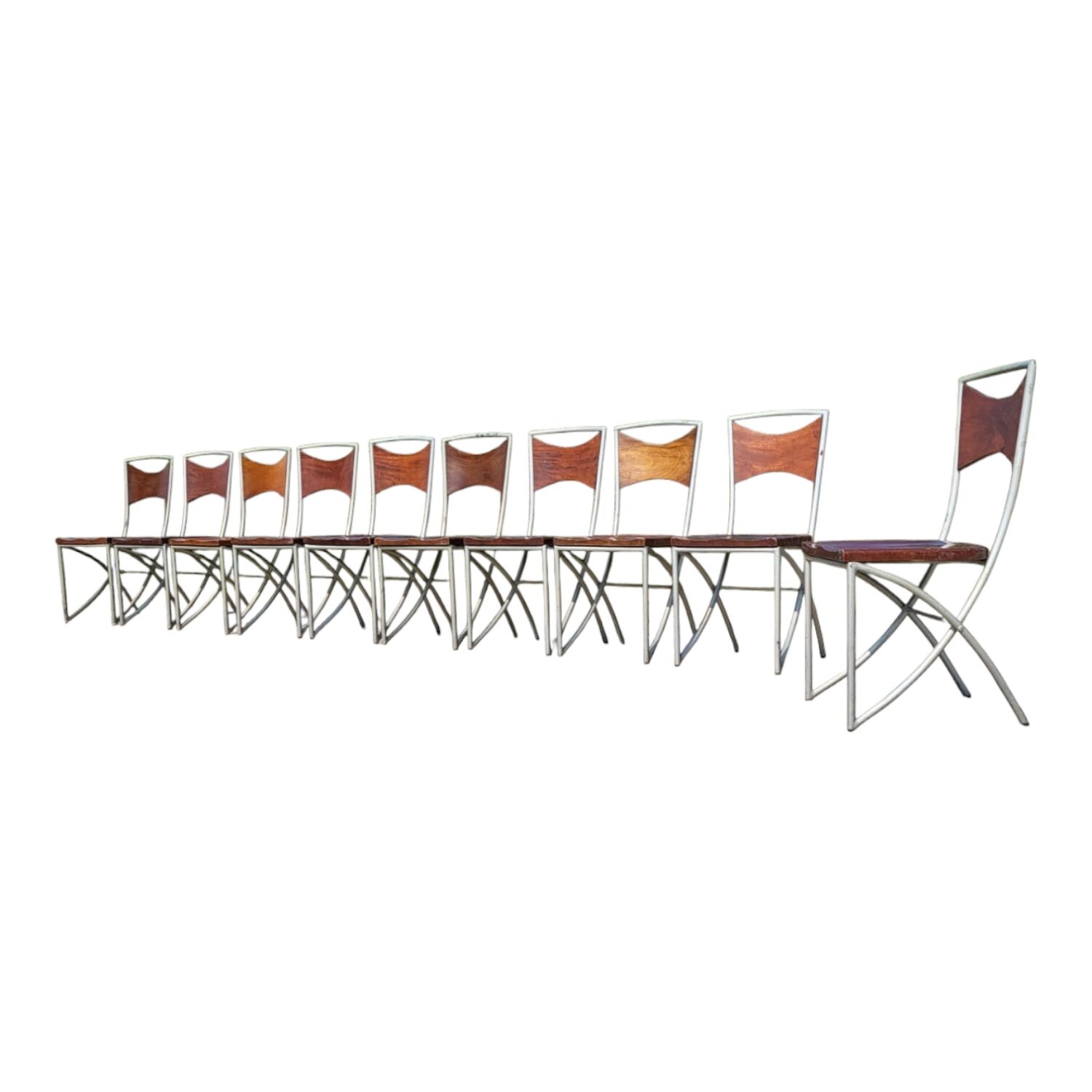 Set of 10 tubular oak bistro dining chairs in vintage industrial style.
