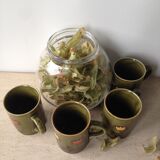 4 mugs ceramic glazed green ground tulips